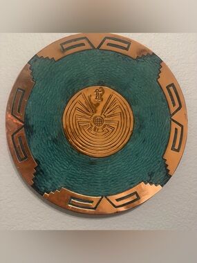 Vintage Copper Medicine Plate New World Trading 9” Turquoise Zia Sun Wall Plate